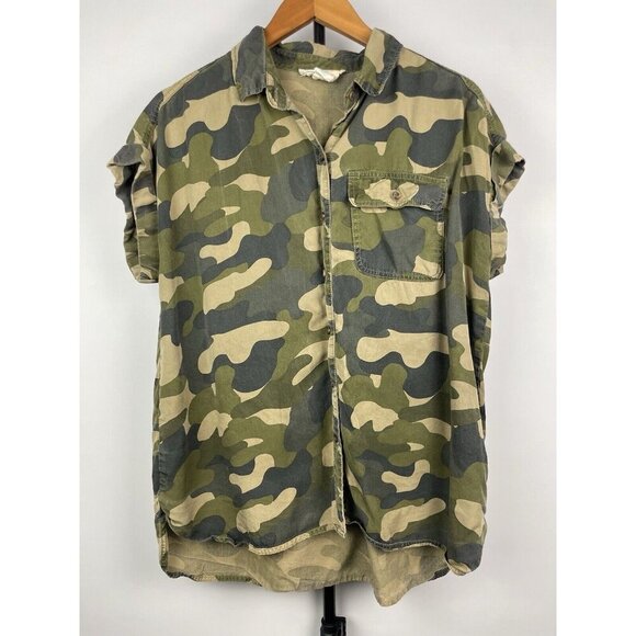 C&C California S Green Camo Shirt Tunic Top Blouse Hi Lo Oversized Relaxed Fit - Picture 1 of 7